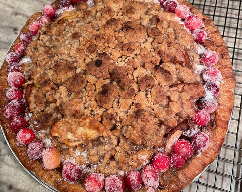 Apple-Pear-Cranberry Pie with Butter Crumbs and Candied Cranberries