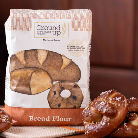 A 5 pound bag of Ground Up Bread Flour, with pretzels