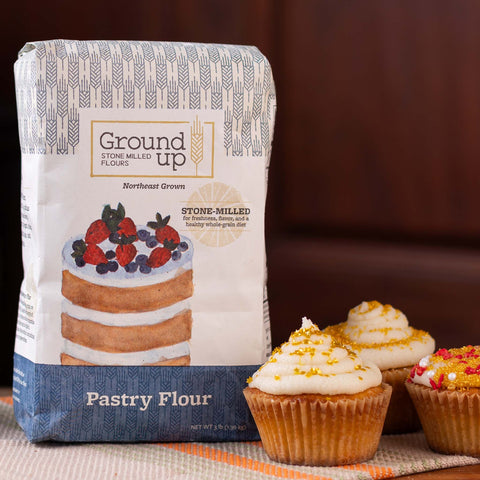 A 3 pound bag of Ground Up Pastry Flour, with cupcakes